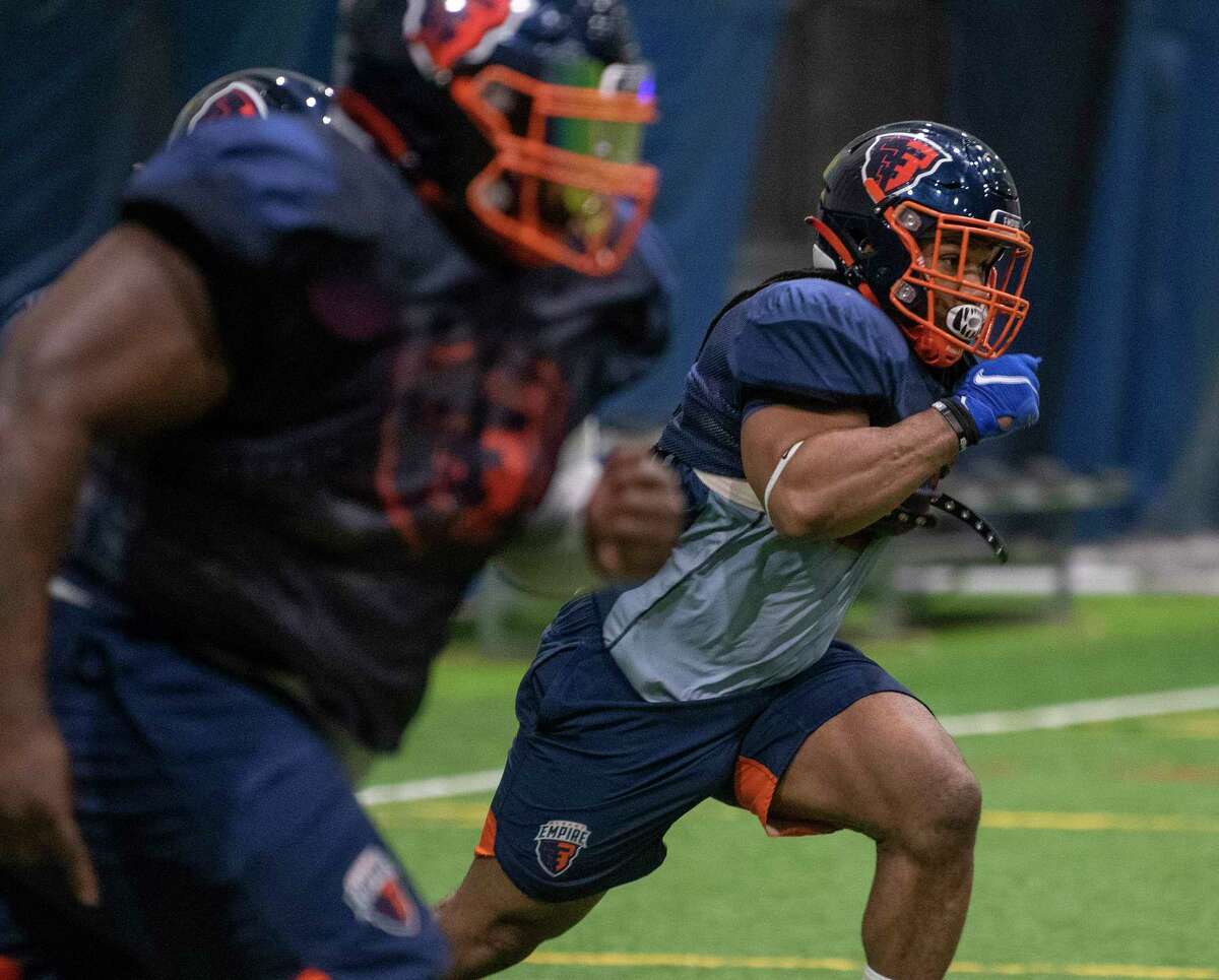 Albany Empire running back Tiberius Lampkin runs through drills during practice on Wednesday, May 4, 2022, in Schenectady, N.Y. Lampkin is tied for the National Arena League lead in rushing yards.