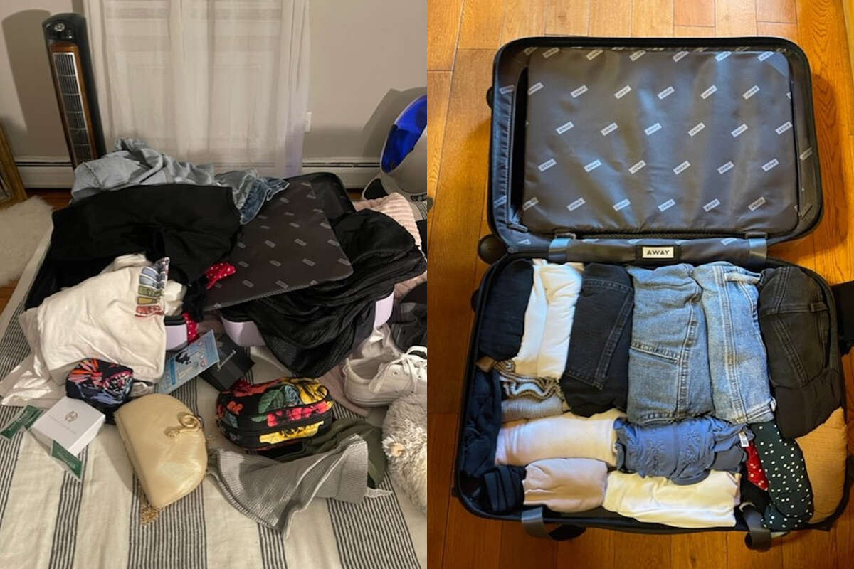 I was able to stuff this massive pile of clothing, shoes, and hair supplies in the Away bag without needing to sit on top of it to close it shut.