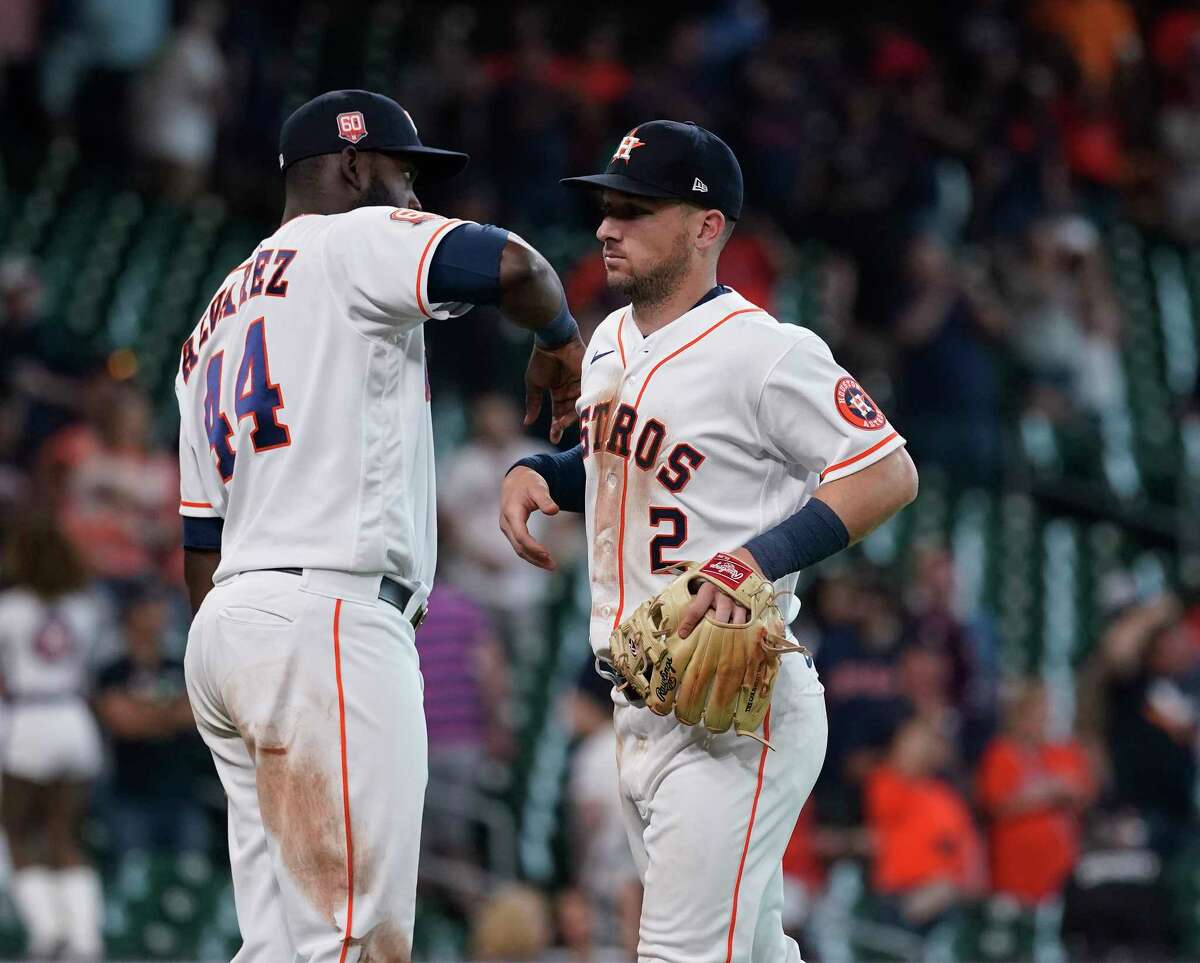 Houston Astros left fielder Yordan Alvarez (44) hits in the bottom of the  first inning against the Seattle Mariners, Wednesday, May 4, 2022, in  Houston, Texas. The Astros beat the Mariners 7-2. (