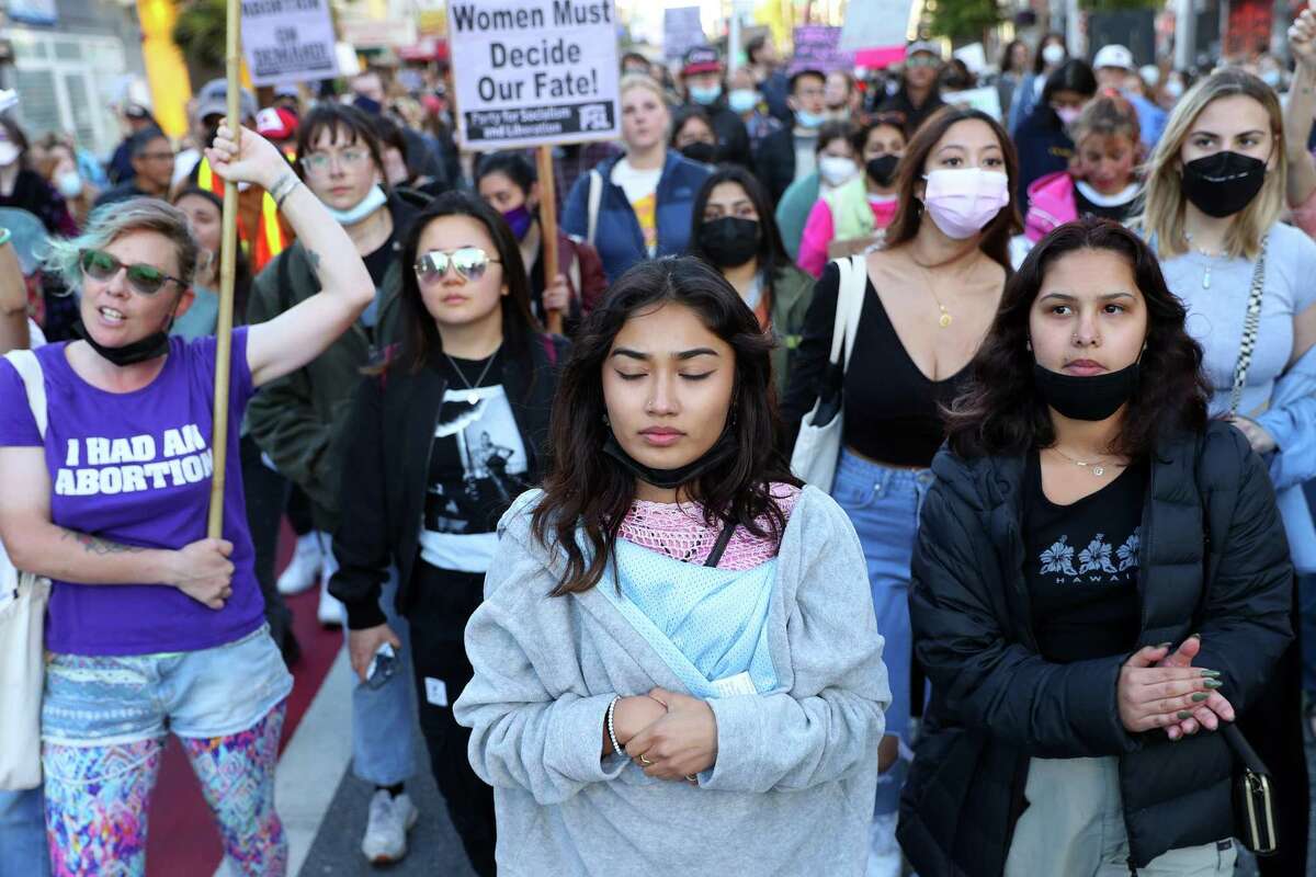 Lorrina Jimenez protests in support of abortion rights in a march on Mission Street in San Francisco on Tuesday.