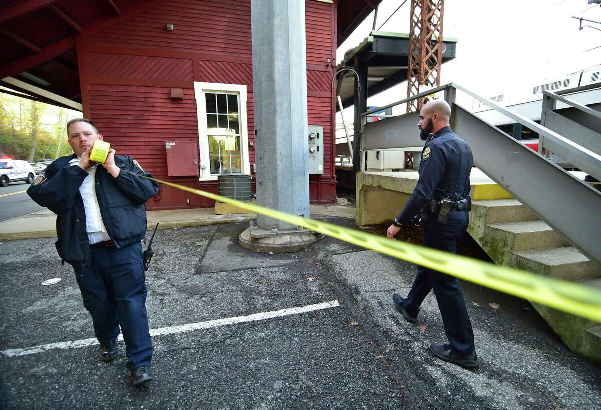 Metro-North Police installed duct tape to block access to the platform as they investigate a person struck in the southbound lane at the Cos Cob station in Greenwich, Connecticut on Wednesday May 4, 2022.