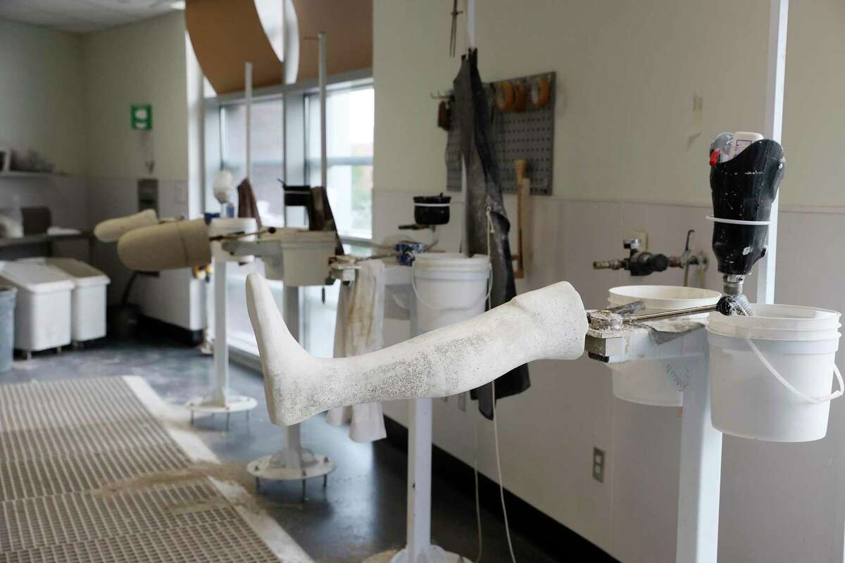 A leg mold at the Center for the Intrepid at Joint Base San Antonio. Recovery from a lost limb is iterative, requiring multiple prosthetics and adjustments over time.