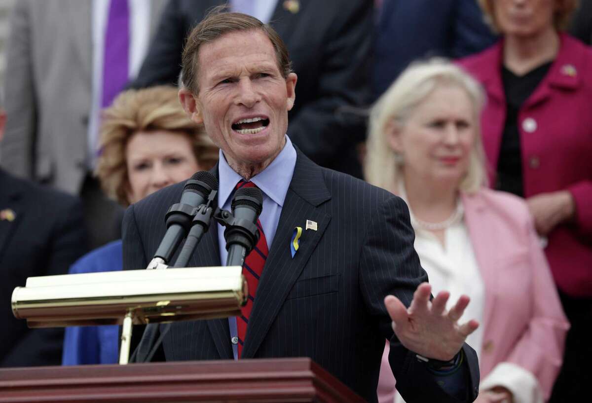 Sen. Richard Blumenthal speaks during an event on the leaked Supreme Court draft decision to overturn Roe v. Wade on the steps of the U.S. Capitol May 3, 2022.