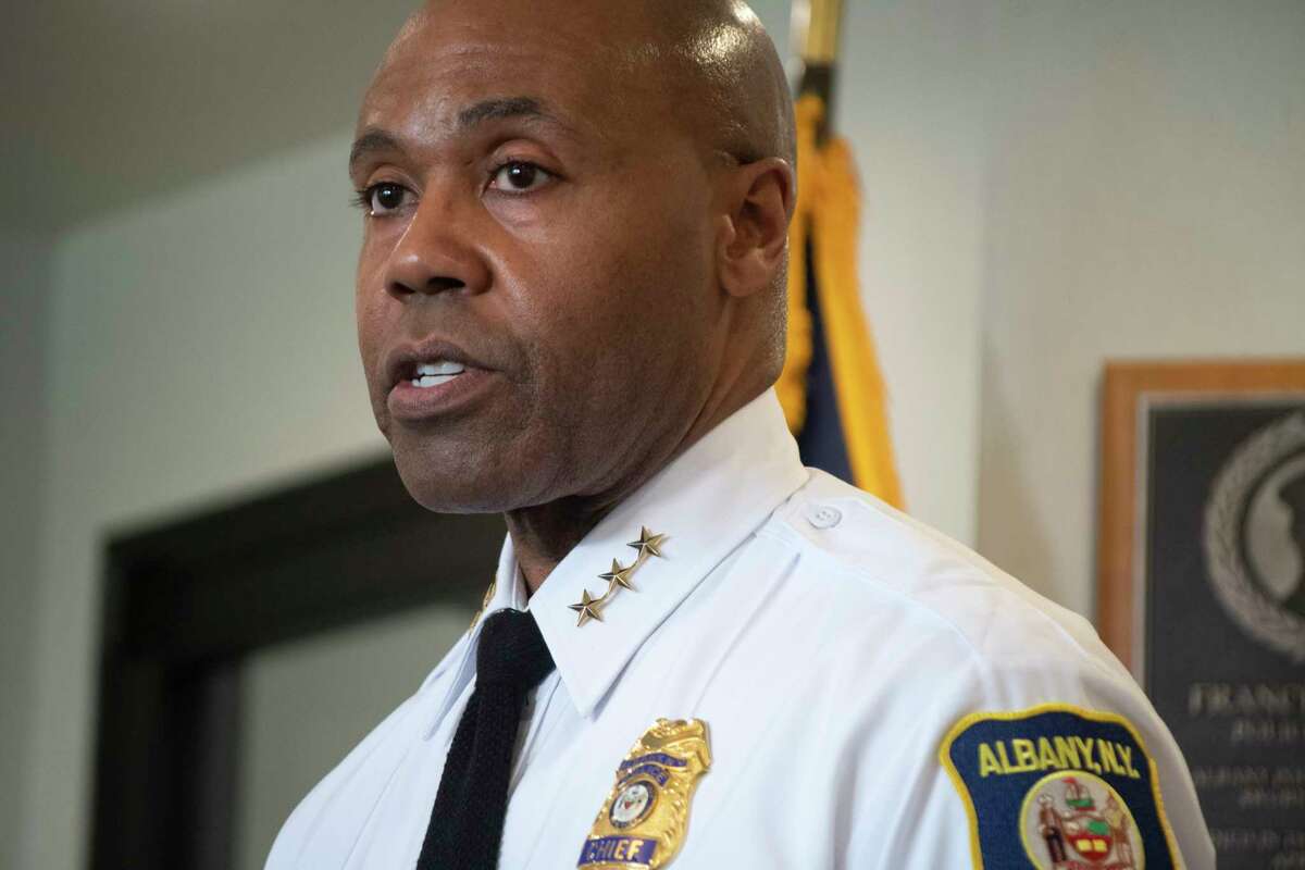 Albany Police Chief Eric Hawkins talks to members of the media during a press conference at police headquarters on Thursday, May 5, 2022, in Albany, N.Y. (Paul Buckowski/Times Union)
