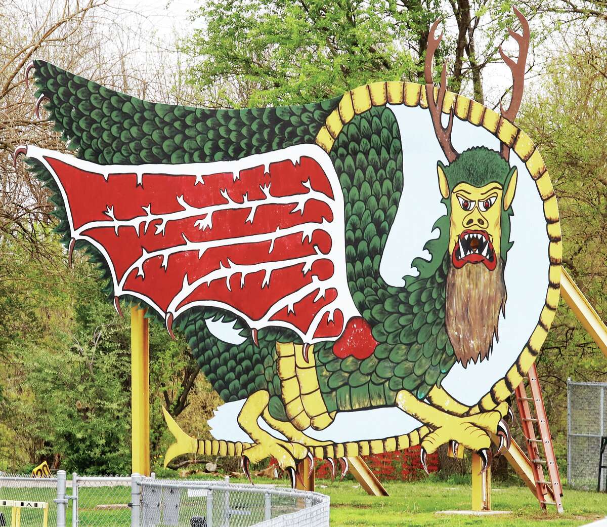 John Badman|The Telegraph The old steel Piasa Bird, restored, still stands at Southwestern High School football field in honor of the school mascot. The bird was erected in 1984 on the bluff at Norman's Landing in what is today Great Rivers Park. A project by the Alton-Godfrey Rotary Club, the creature whose name means "bird that devours man" was completed with help from throughout the community. National Marine Service in Hartford donated the steel and labor to sculpt the 9,000-pound legendary creature. Nine local artists helped paint the creature, which measures 23 by 40 feet. It was removed from the bluff as it began to rust and plans were developed to repaint the Indian artwork onto the limestone bluff closer to Alton. Southwestern High School bought the old bird for a dollar, restored it, and placed it at Knapp Field where it remains today, visible from Illinois 111 north of Illinois 16 in Macoupin County.