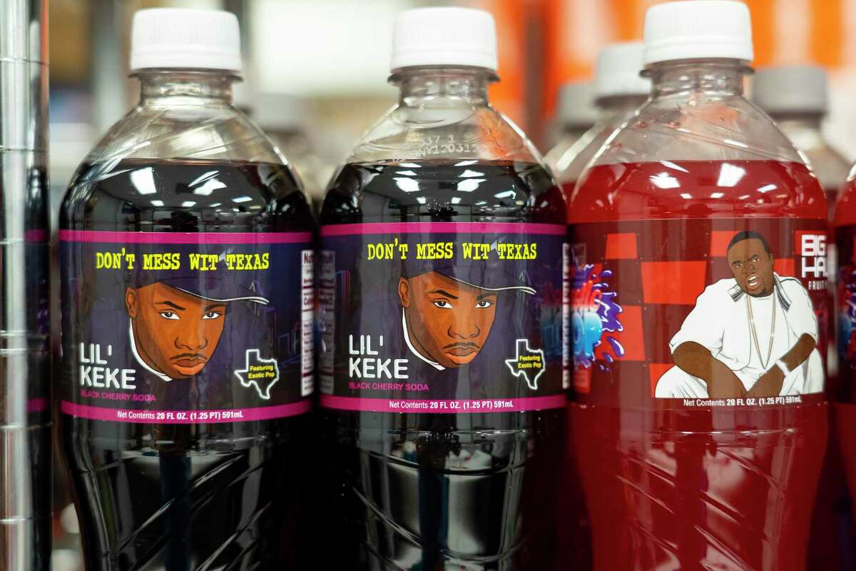 Lil’ Keke’s Black Cherry Soda on a shelf at the Exotic Pop warehouse in Houston.