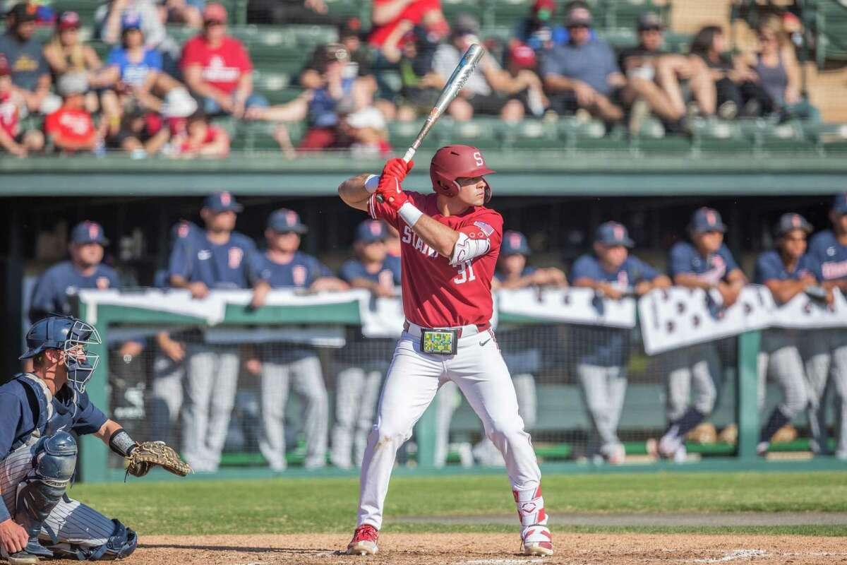 Stanford's Carter Graham, here in a game earlier this season, hit two home runs and drove in five Sunday night as the No. 2 overall seed Cardinal pulled away for an 8-4 victory over Texas State.