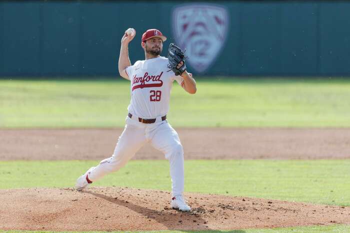 June 12 2023 Palo Alto CA U.S.A. Stanford utility Braden Montgomery (6)  runs to first base after hiting a single to center field during the NCAA  Super Regional Baseball game between Texas