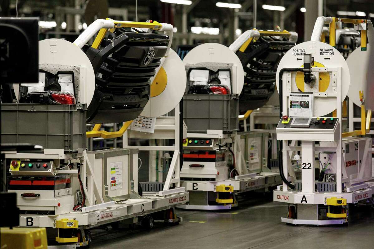 Grills that will be used for 2022 Toyota Tundra trucks sit out on the assembly line floor at Toyota Motor Manufacturing Texas in San Antonio, Texas, Friday morning, Dec. 3, 2021.