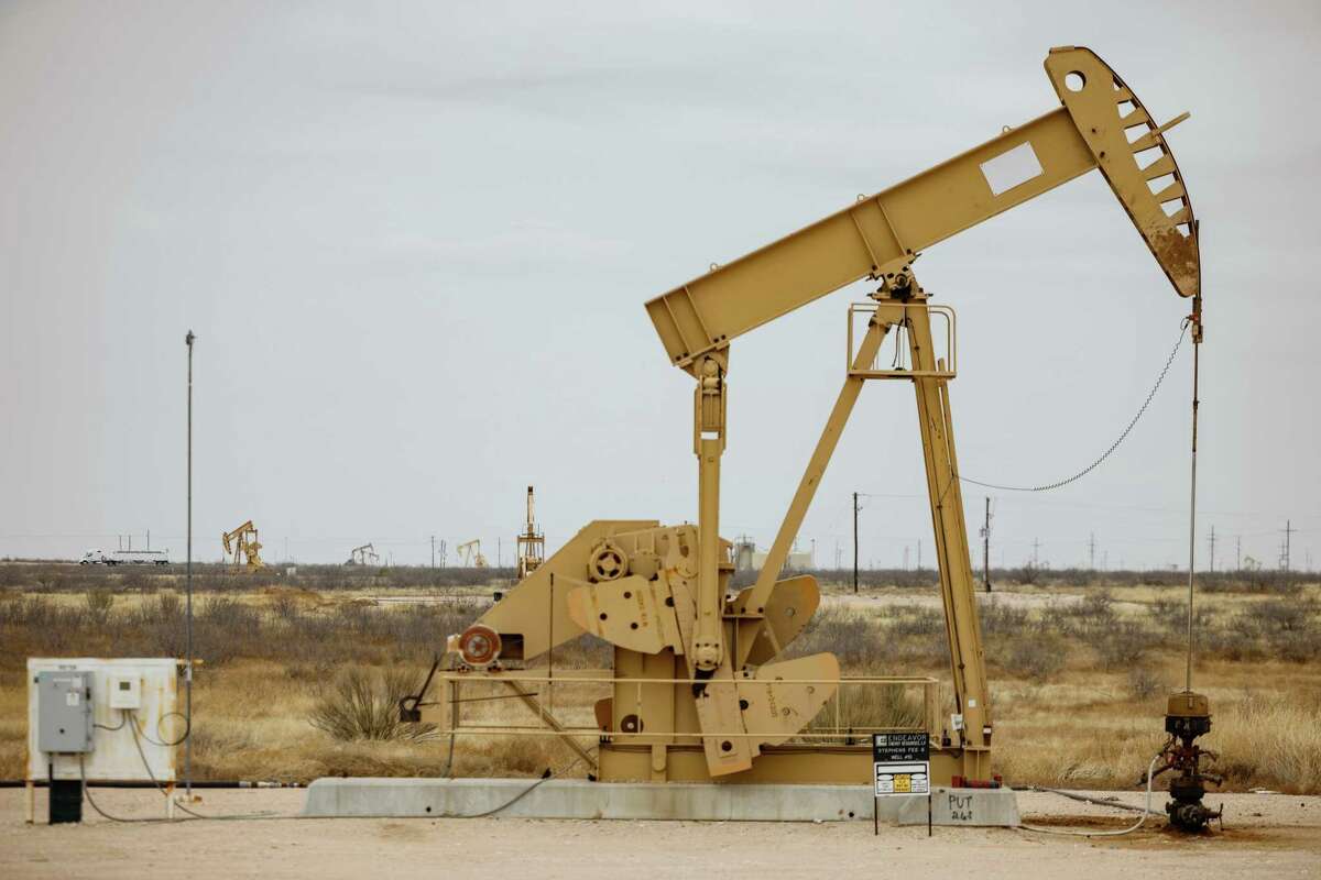 Pumpjacks on the outskirts of town in Midland, Texas, U.S. on Monday, April 4, 2022.