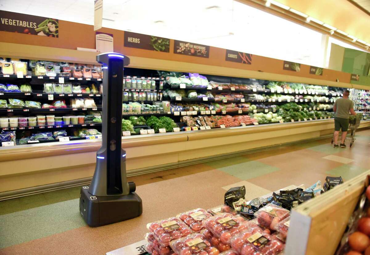 Marty the robot roams the aisles of the Stop & Shop store at 1937 W. Main St., in Stamford, Conn., on Aug. 19, 2019.