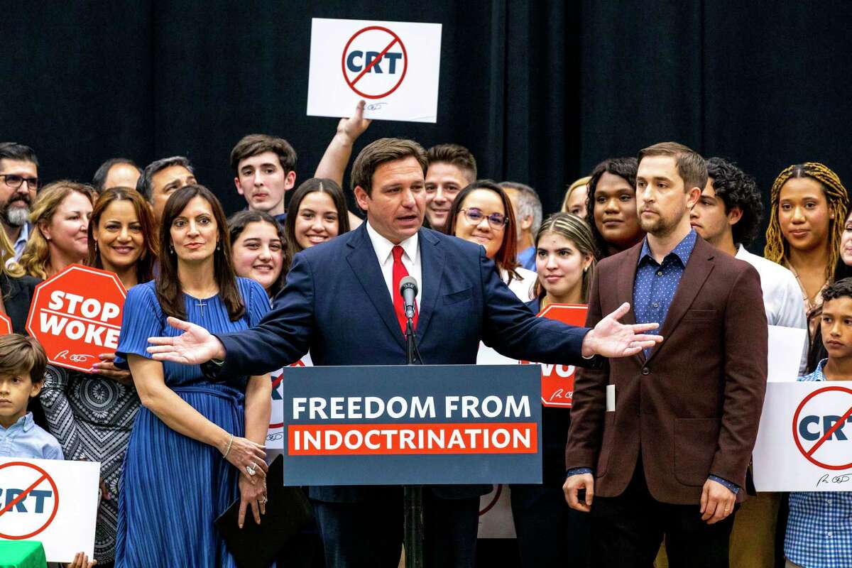 Florida Gov. Ron DeSantis addresses the crowd before publicly signing HB7, "individual freedom," also dubbed the "stop woke" bill during a news conference at Mater Academy Charter Middle/High School in Hialeah Gardens, Fla., on Friday, April 22, 2022.