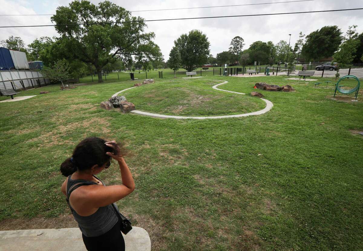 Karina Yonekawa-Blest, president of the Fonde Civic Club, talks about her frustrations with a proposed public art installation at the park Thursday, May 5, 2022, at Fonde Park in Houston. She said residents worry that the installation will increase traffic in the area allow the park to be annexed by The Orange Show, a nearby arts center. She also said city leaders have been unresponsive to their concerns. “We know that change is inevitable, we just want a seat at the table,” she said.