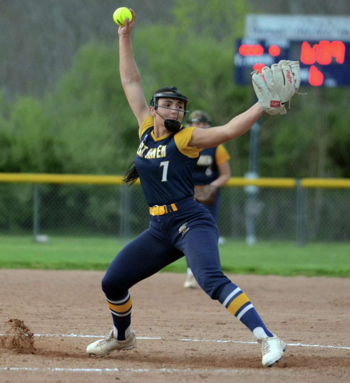 East Haven’s Emilee Bishop delivers a pitch to the plate.