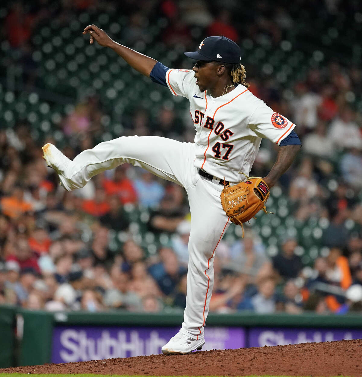 Houston Astros relief pitcher Rafael Montero (47) strikes out Detroit Tigers Akil Baddoo during the eighth inning of an MLB baseball game at Minute Maid Park on Thursday, May 5, 2022 in Houston.