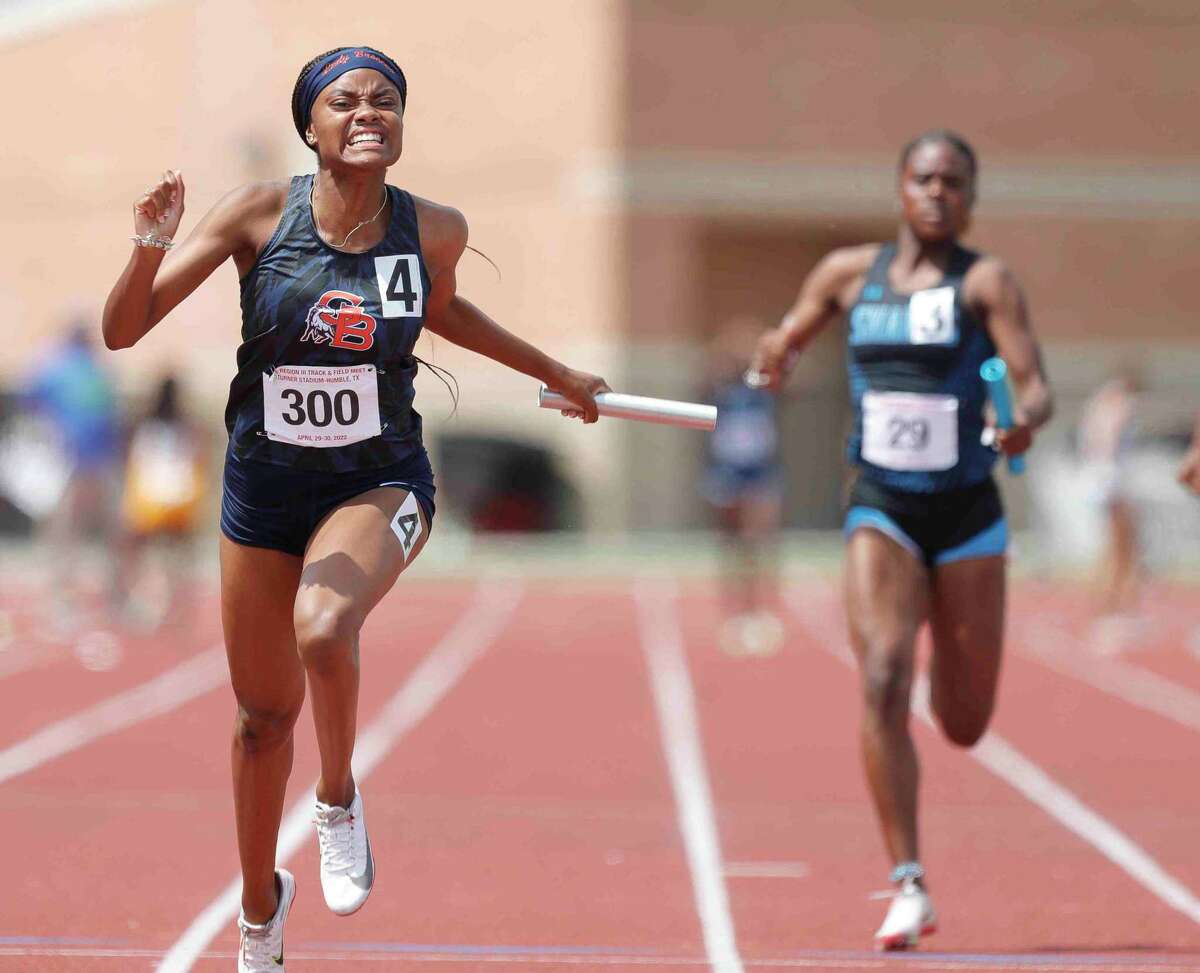 Fort Bend Bush competes in the Class 6A girls 400-meter relay during the Region III track and field championships at Turner Stadium, Saturday, April 30, 2022, in Humble.