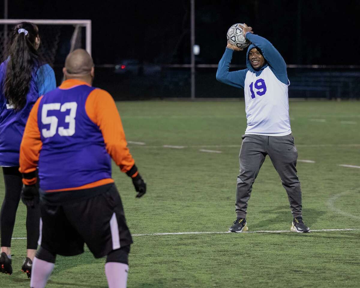 Marven Berlus looks for a teammate during the unified soccer league championships featuring UAlbany students and Special Olympics athletes at UAlbany on Wednesday, May 4, 2022. (Jim Franco/Special to the Times Union)