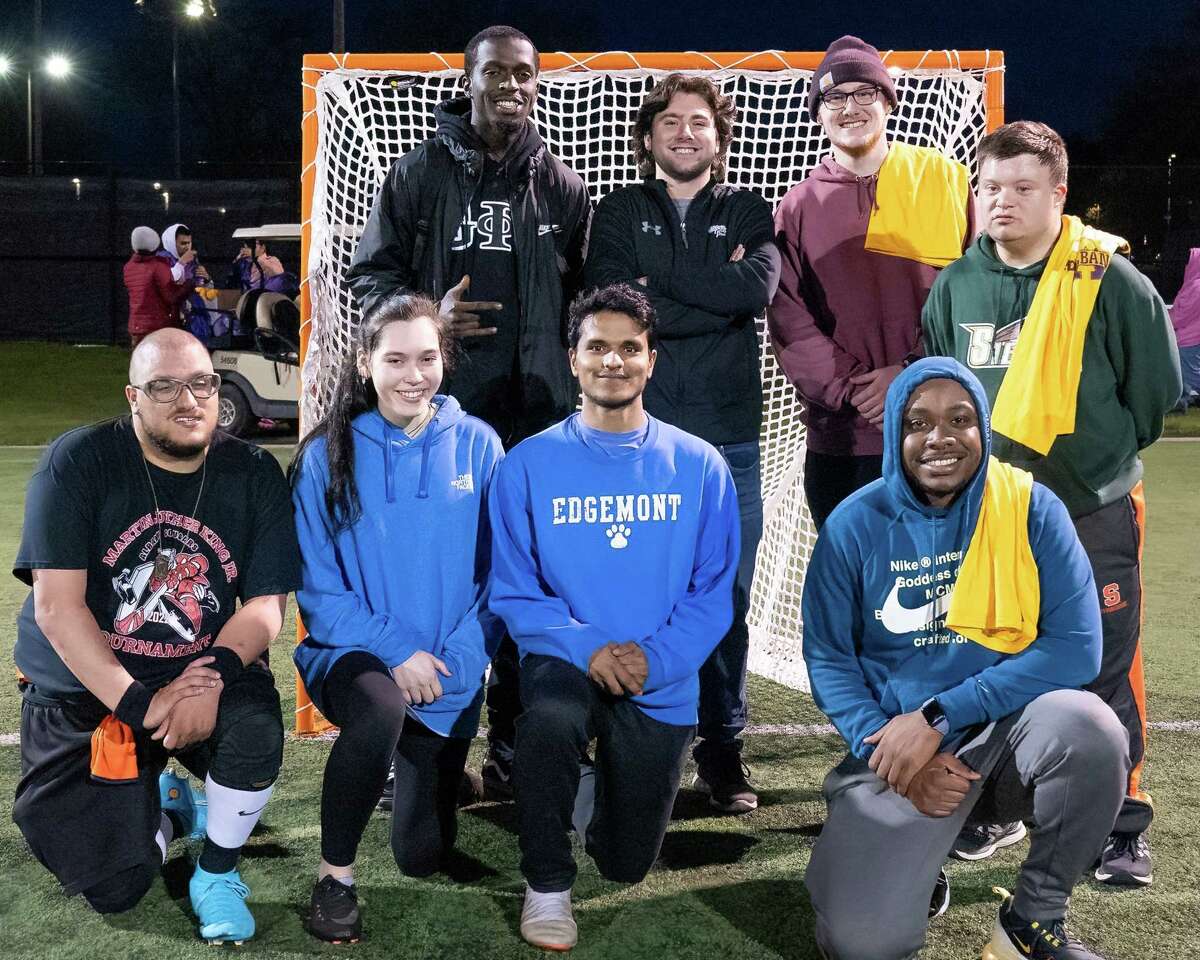 Players and officials who participated in the unified soccer league championships featuring UAlbany students and Special Olympics athletes at UAlbany on Wednesday, May 4, 2022. (Jim Franco/Special to the Times Union)