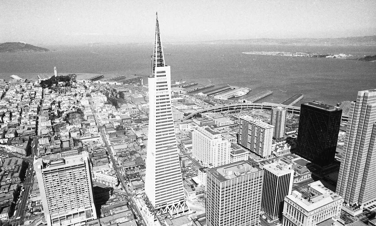 Workers finish the top of the Transamerica Pyramid in San Francisco in 1972.