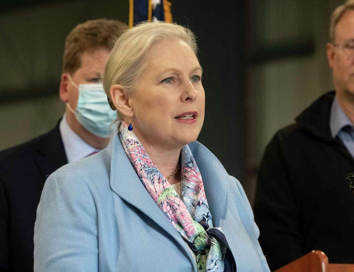 U.S. Senator Kirsten Gillibrand speaks as she and Congressman Paul Tonko stand at the Port of Albany to announce their plan to bring clean energy and renewable offshore wind jobs to Albany on Friday, May 6, 2022 in Albany, N.Y. The plan will position New York to be a key player in helping the U.S. meet its national goal of deploying 30GW of offshore wind energy by 2030.