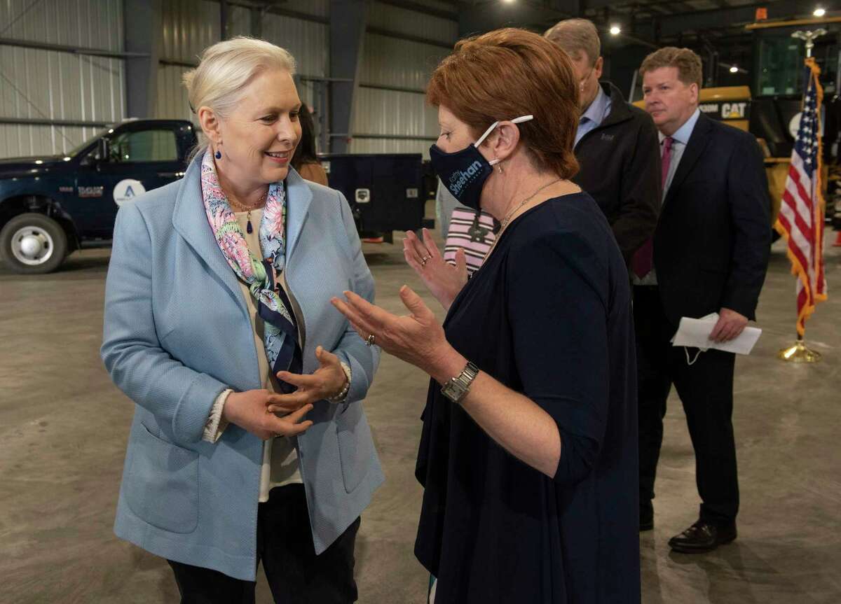 U.S. Sen. Kirsten Gillibrand, left, chats with Albany Mayor Kathy Sheehan after the senator and U.S. Rep. Paul Tonko announced their plan to bring clean energy and renewable offshore wind jobs to the Port of Albany on Friday, May 6, 2022, in Albany, N.Y. 