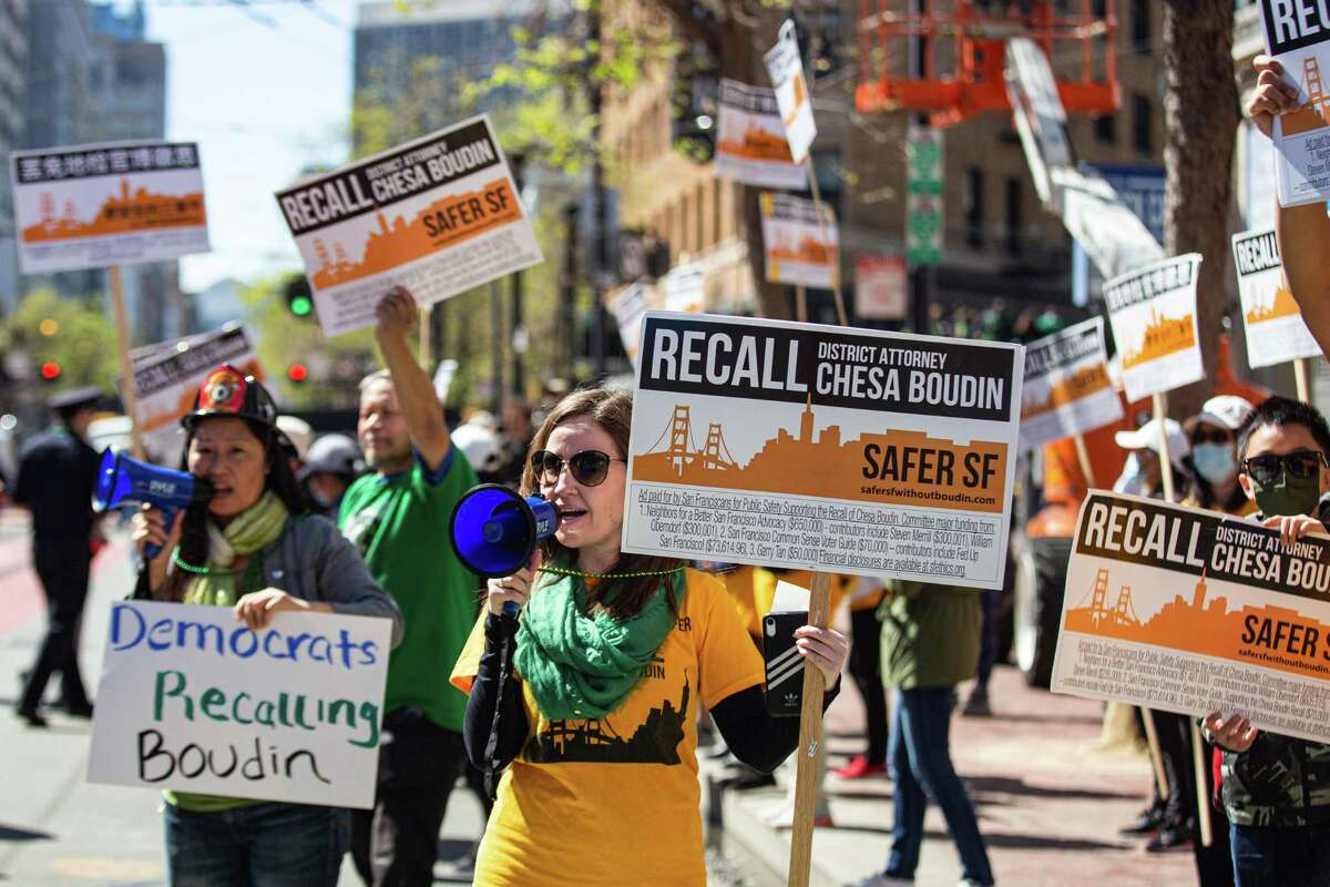 Protesters advocating for the recall of District Attorney Chesa Boudin attend San Francisco’s St. Patrick’s Day Parade. He was elected to the post in 2019.