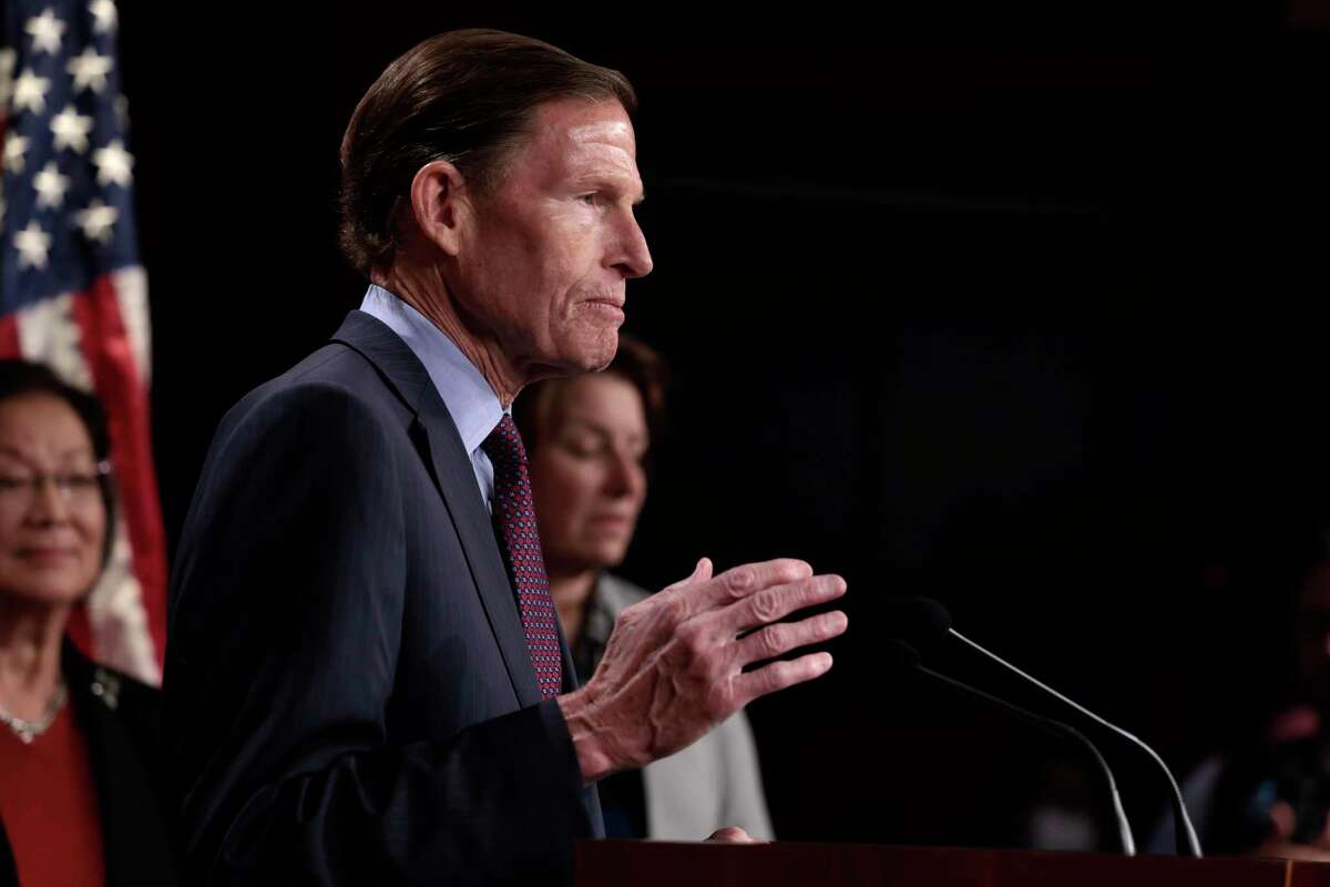 WASHINGTON, DC - MAY 05: Sen. Richard Blumenthal (D-CT) speaks at a press conference on the Senate’s upcoming procedural vote to codify Roe v. Wade at the U.S. Capitol Building on May 05, 2022 in Washington, DC. Earlier today Leader Schumer announced that the U.S. Senate would take up the vote to make abortion legal nationwide in the middle of next week, however the vote requires a sixty-vote threshold to pass, meaning it will likely fail. (Photo by Anna Moneymaker/Getty Images)