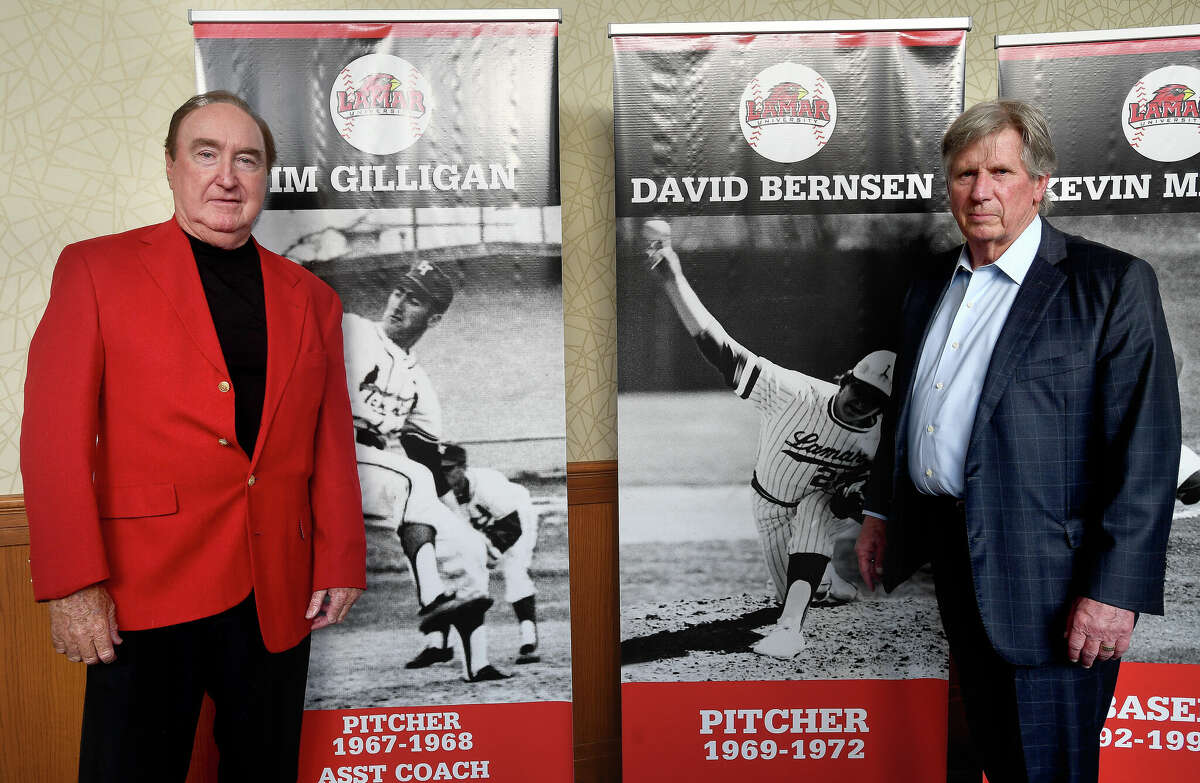 David Bernsen (right) and Jim Gilligan gathered for a banquet before today's Lamar baseball jersey retirement ceremony at the stadium. Photo made Friday, May 6, 2022. Kim Brent/The Enterprise