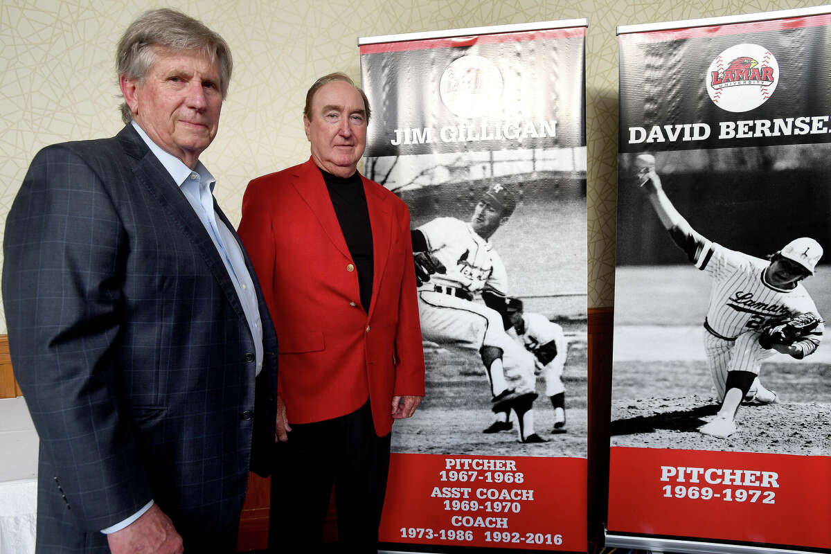 David Bernsen (left)and Jim Gilligan gathered for a banquet before today's Lamar baseball jersey retirement ceremony at the stadium. Photo made Friday, May 6, 2022. Kim Brent/The Enterprise