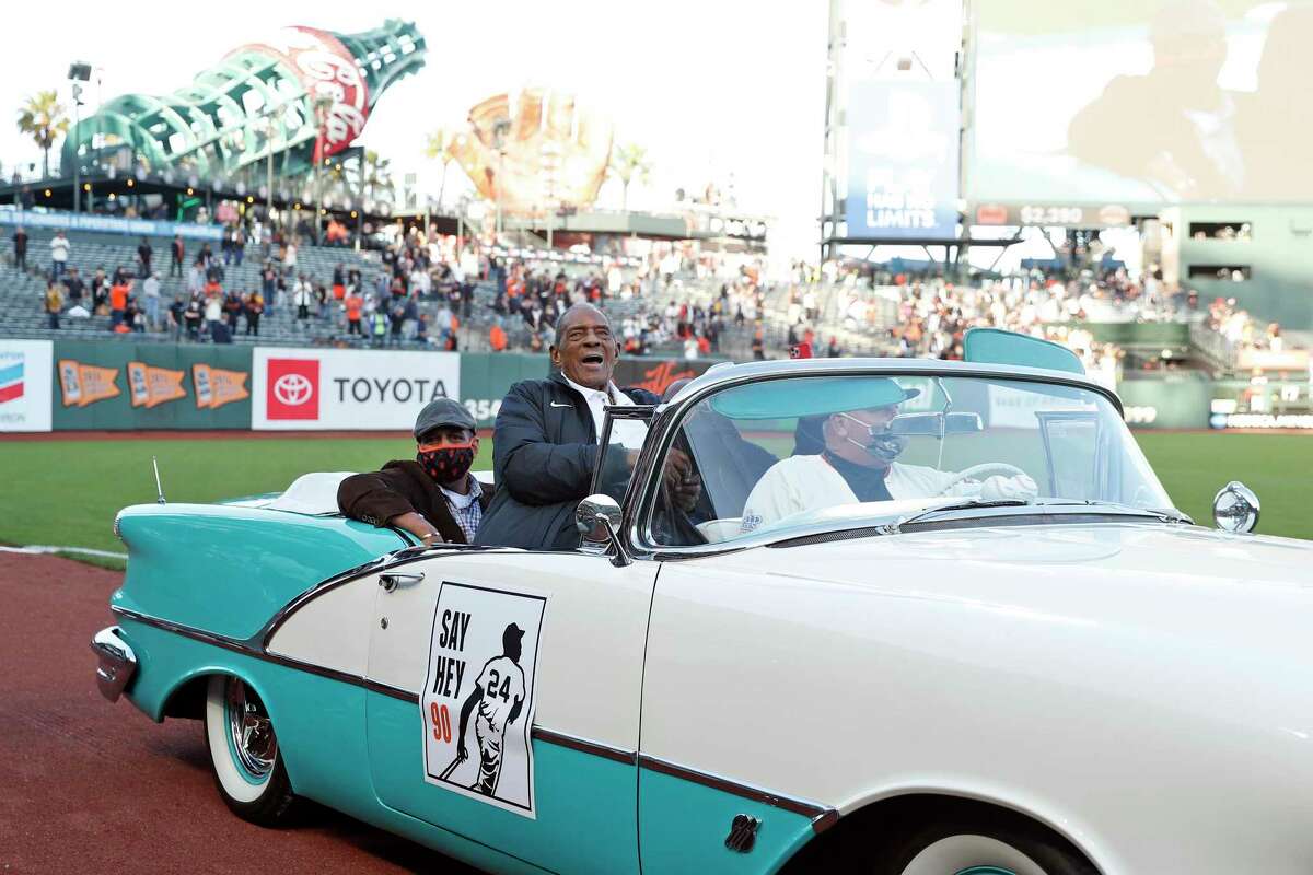 San Francisco Giants' Hall of Famer Willie Mays rides in a convertible as the Giants celebrate his 90th birthday at Oracle Park in San Francisco, Calif., on Friday, May 7, 2021.