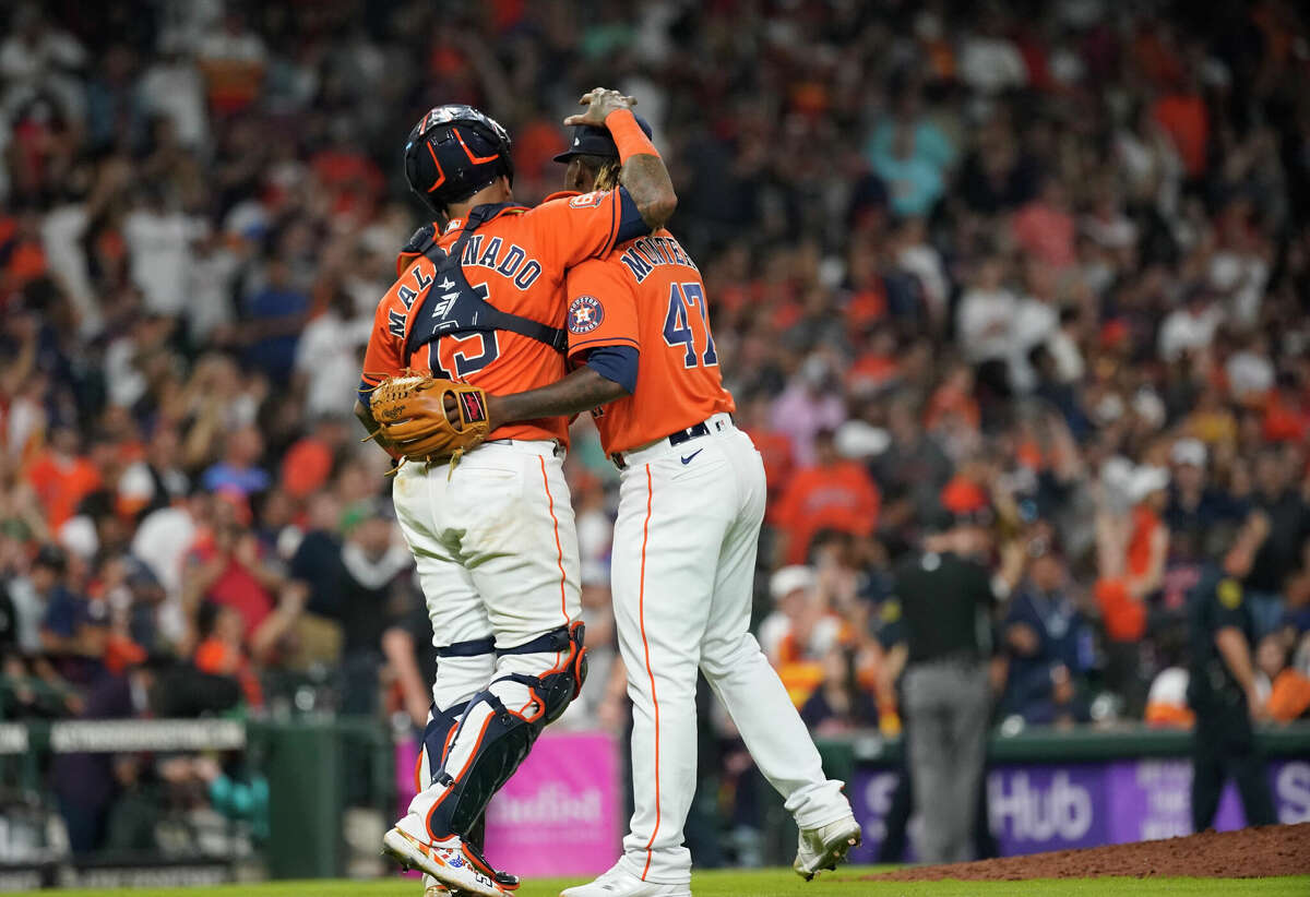 Houston Astros relief pitcher Rafael Montero (47) celebrates with catcher Martin Maldonado (15) after Detroit Tigers Harold Castro (30) ground out to end the game during an MLB baseball game at Minute Maid Park on Friday, May 6, 2022 in Houston.