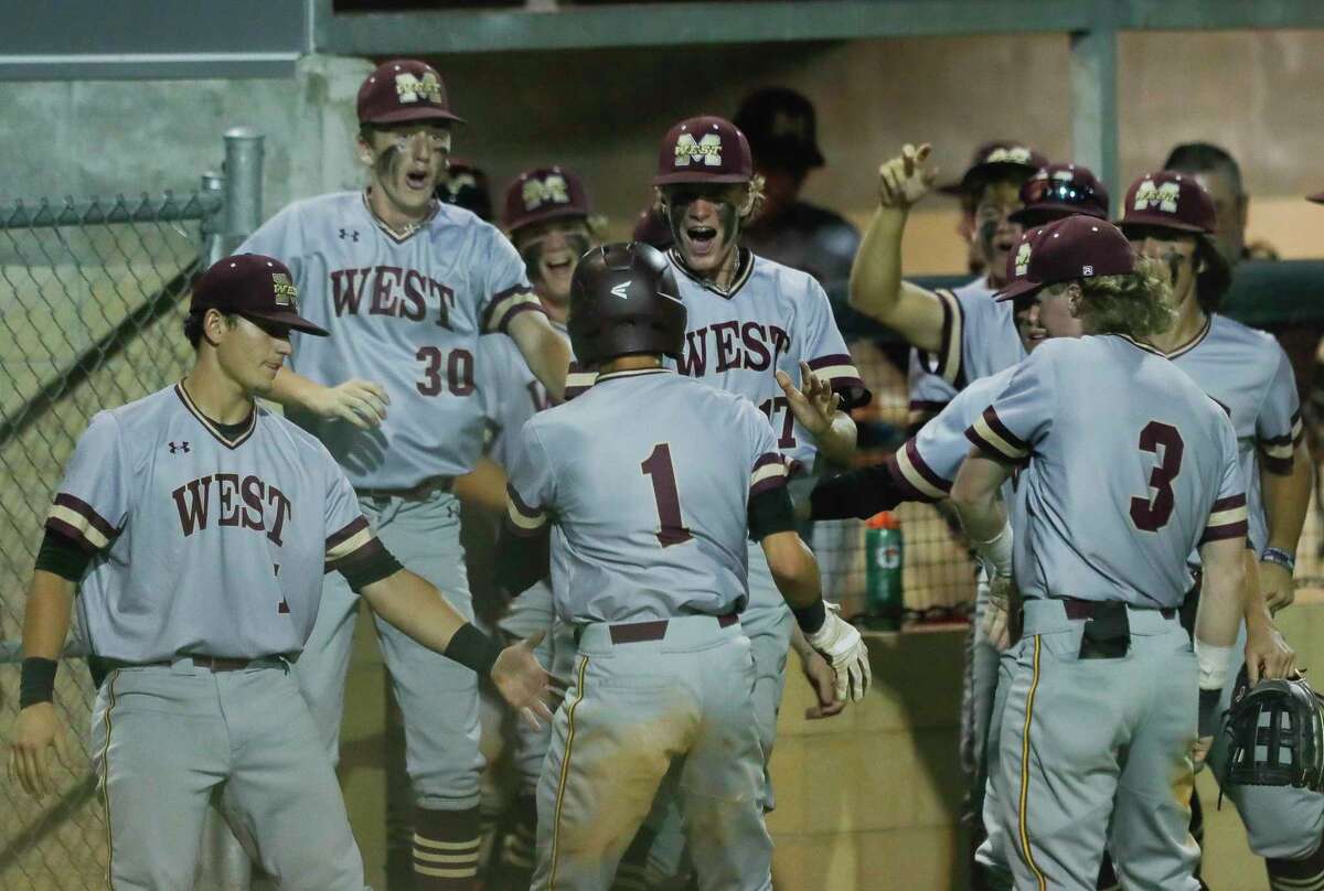 Magnolia West players react after Dawson Park (1) scored on a wild pitch by Lake Creek starting pitcher Shane Sdao to take a 4-3 lead in the fifth inning of Game 1 of a Region II-6A high school baseball bi-district playoff series at Lake Creek High School, Friday, May 6, 2022, in Montgomery.
