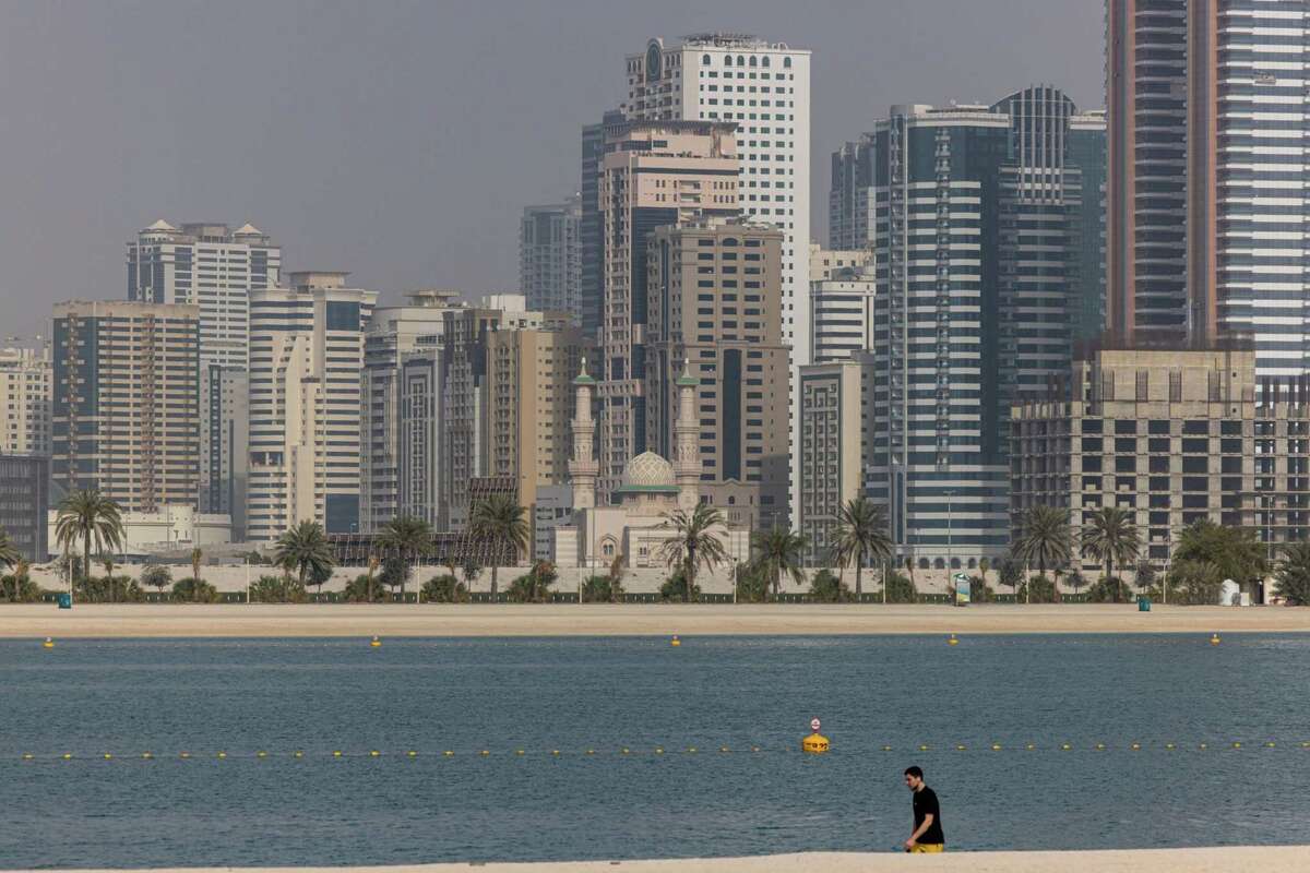 Residential high-rises beyond the sands of Al Mamzar beach in Dubai, United Arab Emirates, on March 23, 2022.