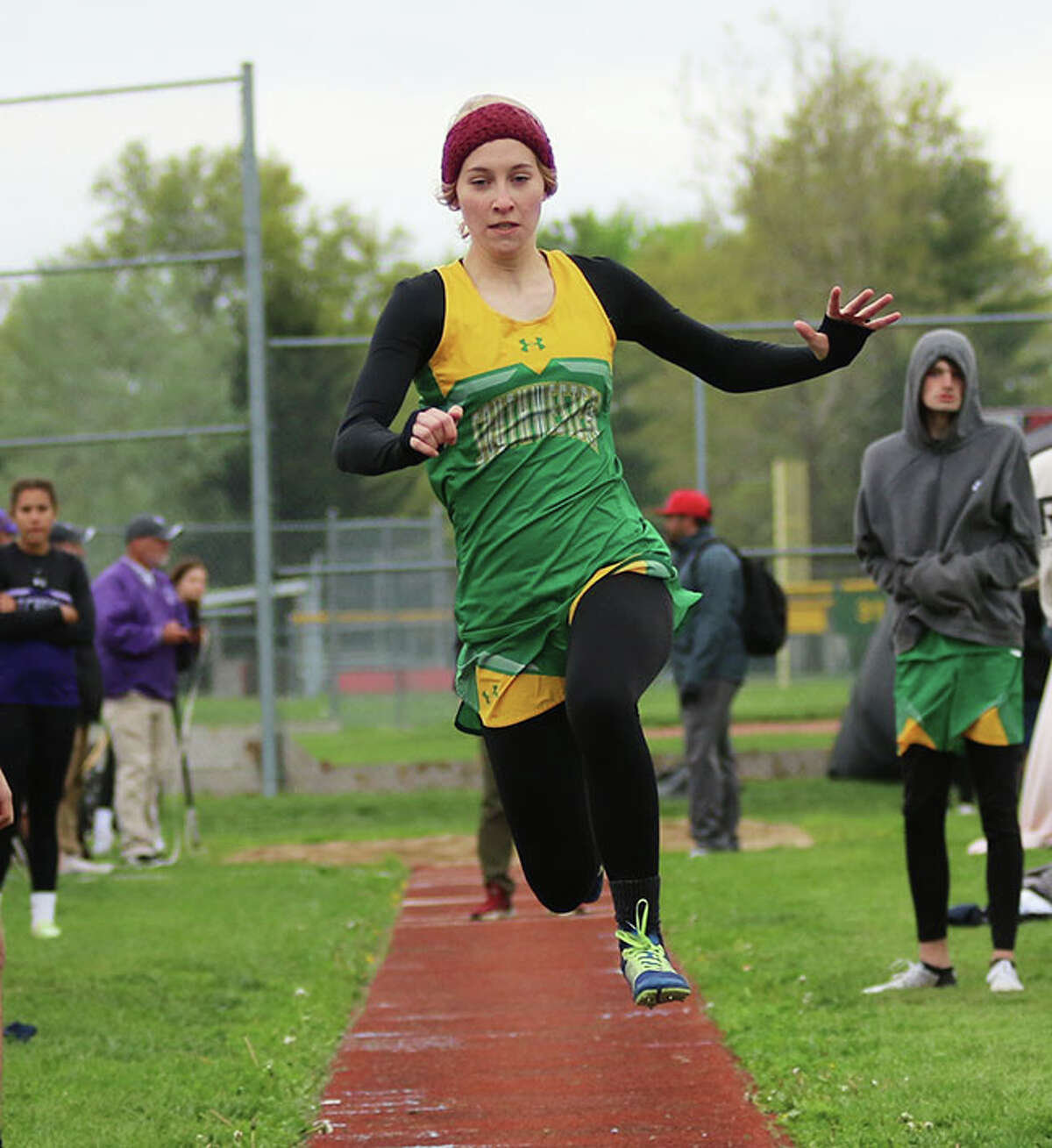 Southwestern's AmyDee Bachman won the triple jump Friday in the Macoupin County Meet in Carlinville. She is shown in the triple earlier in the week at the SCC Meet in Staunton.