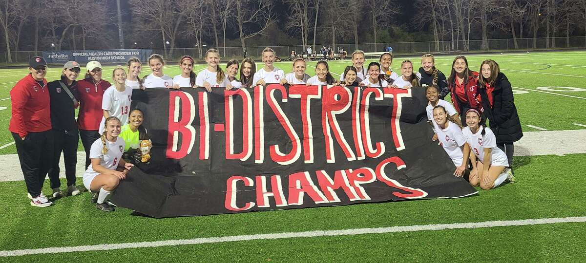 The Katy girls soccer team celebrates its 3-0 bi-district playoff victory against Clements, marking its first postseason win in seven years.