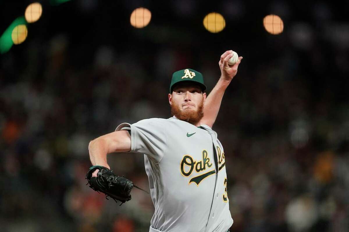 Oakland Athletics' A.J. Puk during a baseball game against the San Francisco Giants in San Francisco, Tuesday, April 26, 2022. (AP Photo/Jeff Chiu)