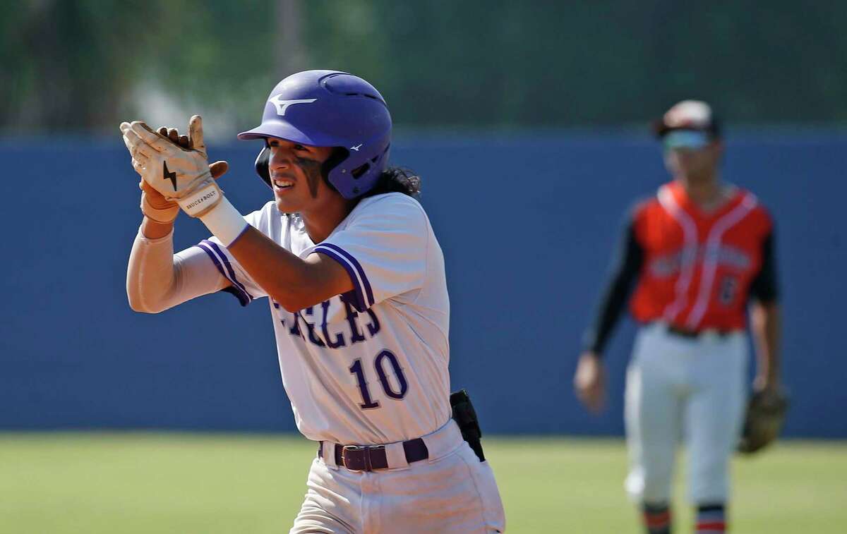 Brackenridge’s Gavin Perez (10 celebrates after driving in a run in Game 2 of a Class 5A baseball first-round playoff. Brack defeated Medina Valley 8-1 forcing a third game on Saturday, May 7, 2022 at SAISD Sports Complex.
