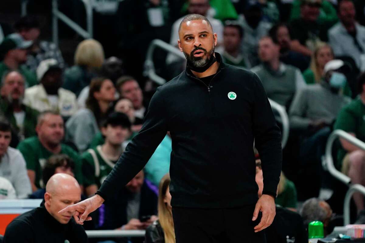 Boston Celtics head coach Ime Udoka reacts during the first half of Game 3 of an NBA basketball Eastern Conference semifinals playoff series Saturday, May 7, 2022, in Milwaukee. (AP Photo/Morry Gash)