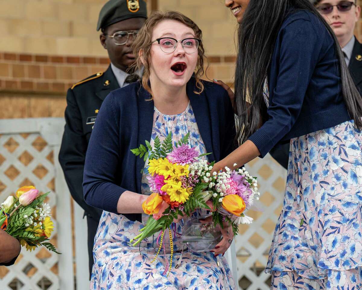Sam Mills reacts to being crowned Tulip Queen during the 74th Tulip Festival in Washington Park in Albany, NY, on Saturday, May 7, 2022. (Jim Franco/Special to the Times Union)