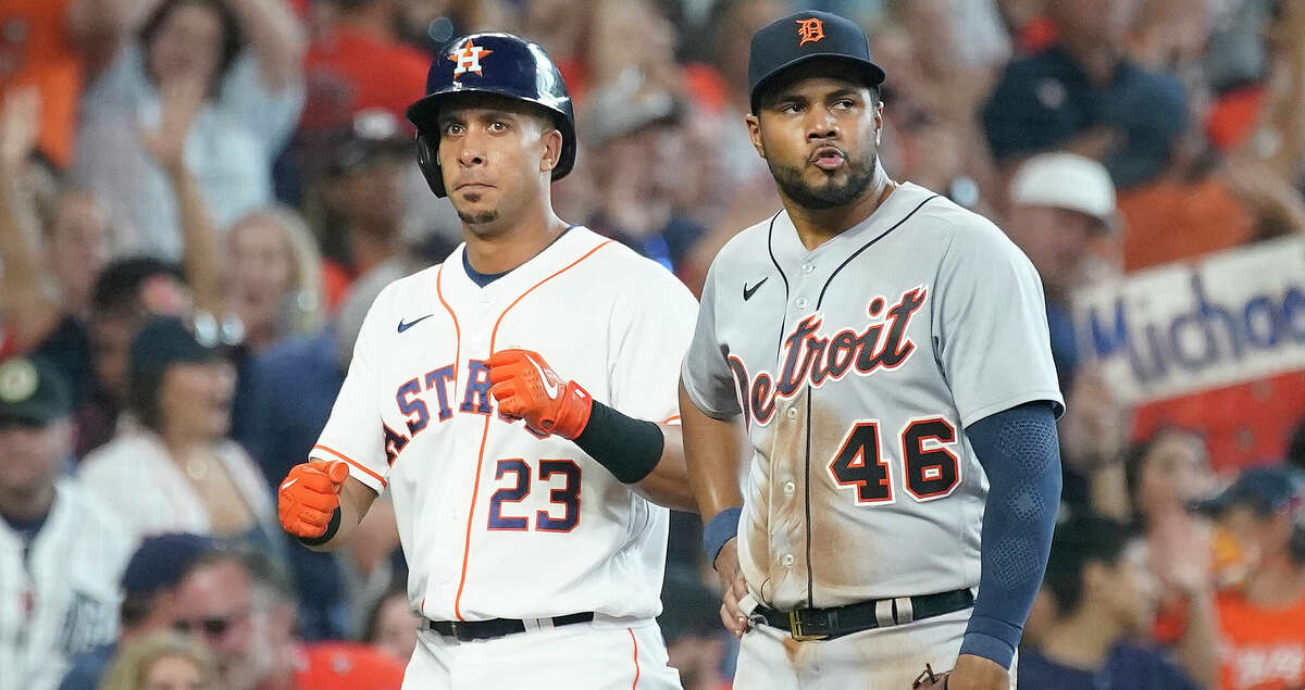 Houston Astros Michael Brantley (23) on third after hitting an RBI triple off of Detroit Tigers relief pitcher Michael Fulmer (32) during the eighth inning of an MLB baseball game at Minute Maid Park on Saturday, May 7, 2022 in Houston.