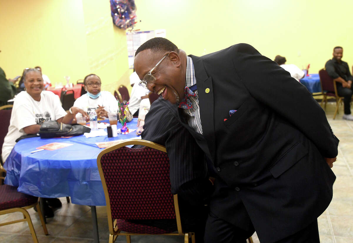 Incumbent Port Arthur Mayor Thurman Bartie jokes with a supporter during an election night watch party Saturday. Photo made Saturday, May 7, 2022. Kim Brent/The Enterprise