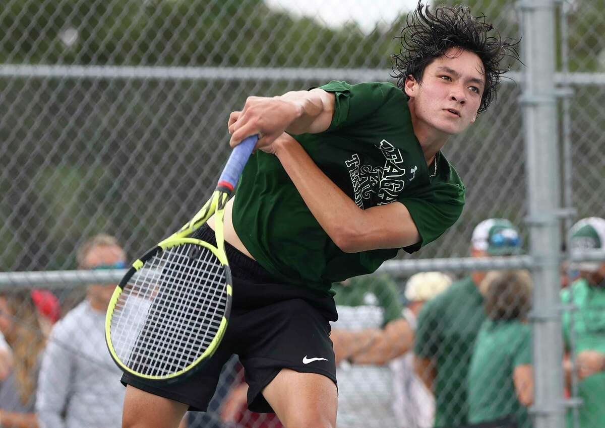 Reagan's Kyle Totorica plays against El Paso Coronado's Ian Uraga in the UIL 6A state tennis boys singles final at Northside Tennis Center on Wednesday, Apr. 27, 2022. Totorica defeated Uraga, 7-5, 6-4, to win the state championship title.