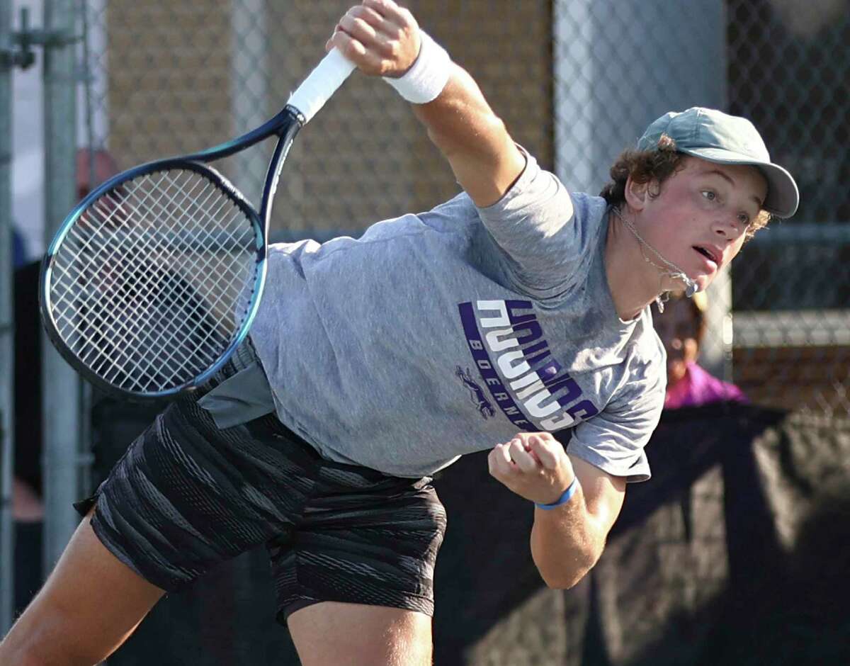 Boerne's Justin Koth plays against Longview Spring Hill's Zach Couch in the UIL 4A state tennis boys singles final at Northside Tennis Center on Wednesday, Apr. 27, 2022. Koth defeated Couch, 6-3, 6-4, to win the state championship title.