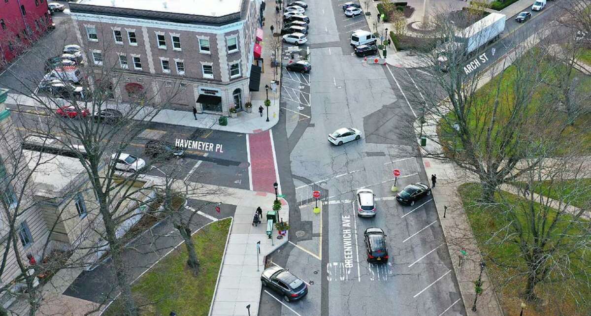 The Greenwich Avenue / Arch Street intersection as it appears before bumpouts