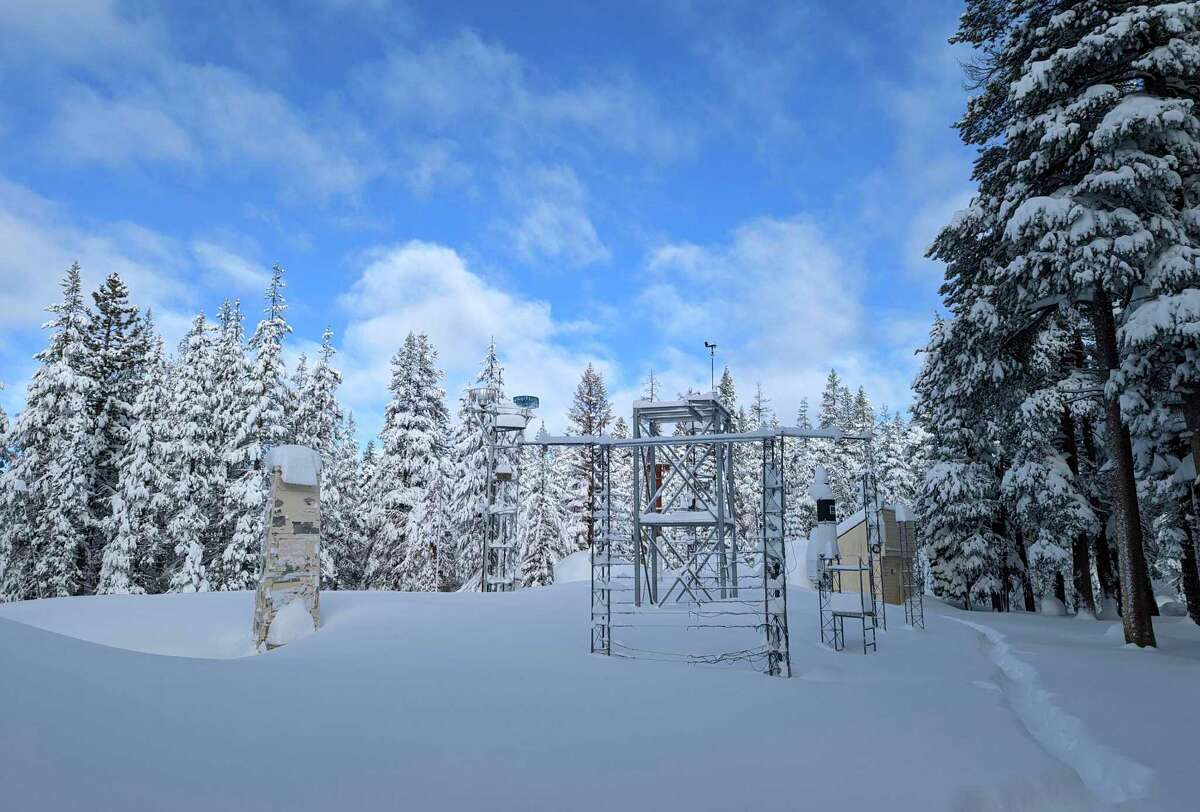 This photo provided by UC Berkeley Central Sierra Snow Lab shows fresh snowfall at the research field station on Friday, April 22, 2022, at the UC Berkeley Central Sierra Snow Lab in Soda Springs, Nevada County, Calif. Heavy snow and rain is falling across Northern California as a substantial spring storm moves through the state after a dry winter. (UC Berkeley Central Sierra Snow Lab via AP)