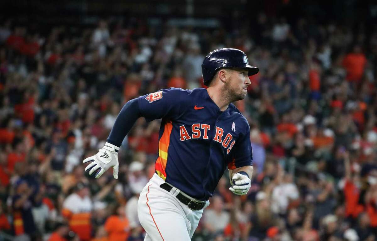 Houston Astros third baseman Alex Bregman (2) heads towards first after he hit a home run during the fifth inning of an MLB game Sunday, May 8, 2022, at Minute Maid Park in Houston.