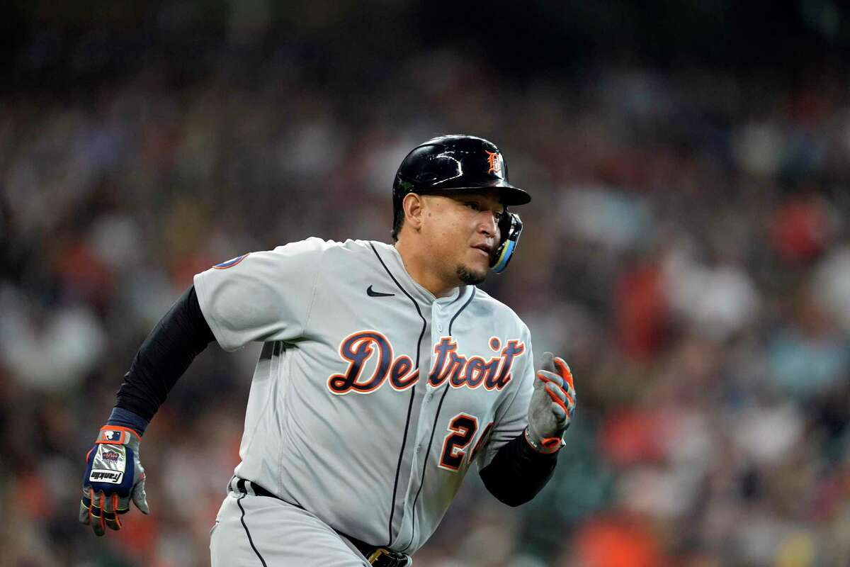 Detroit Tigers' Miguel Cabrera runs up the first base line after hitting a two-run double against the Houston Astros during the third inning of a baseball game Saturday, May 7, 2022, in Houston. It was Cabrera's 600th career double.