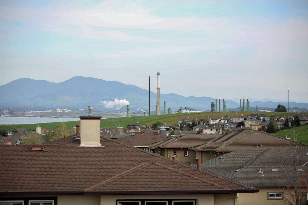 Benicia residences and businesses were told to conserve water by 30% because of a pipeline break. The Valero refinery, seen in the background, is exempted from the conservation because its processes use untreated water.