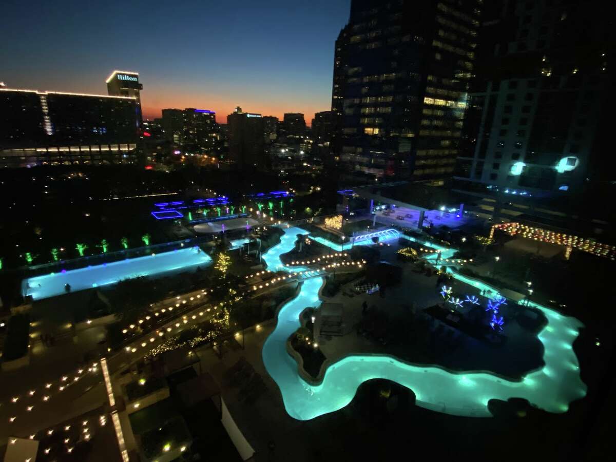 Altitude Rooftop & Pool on the sixth floor of the Marriott Marquis Houston is graced with a Texas shaped lazy river. 