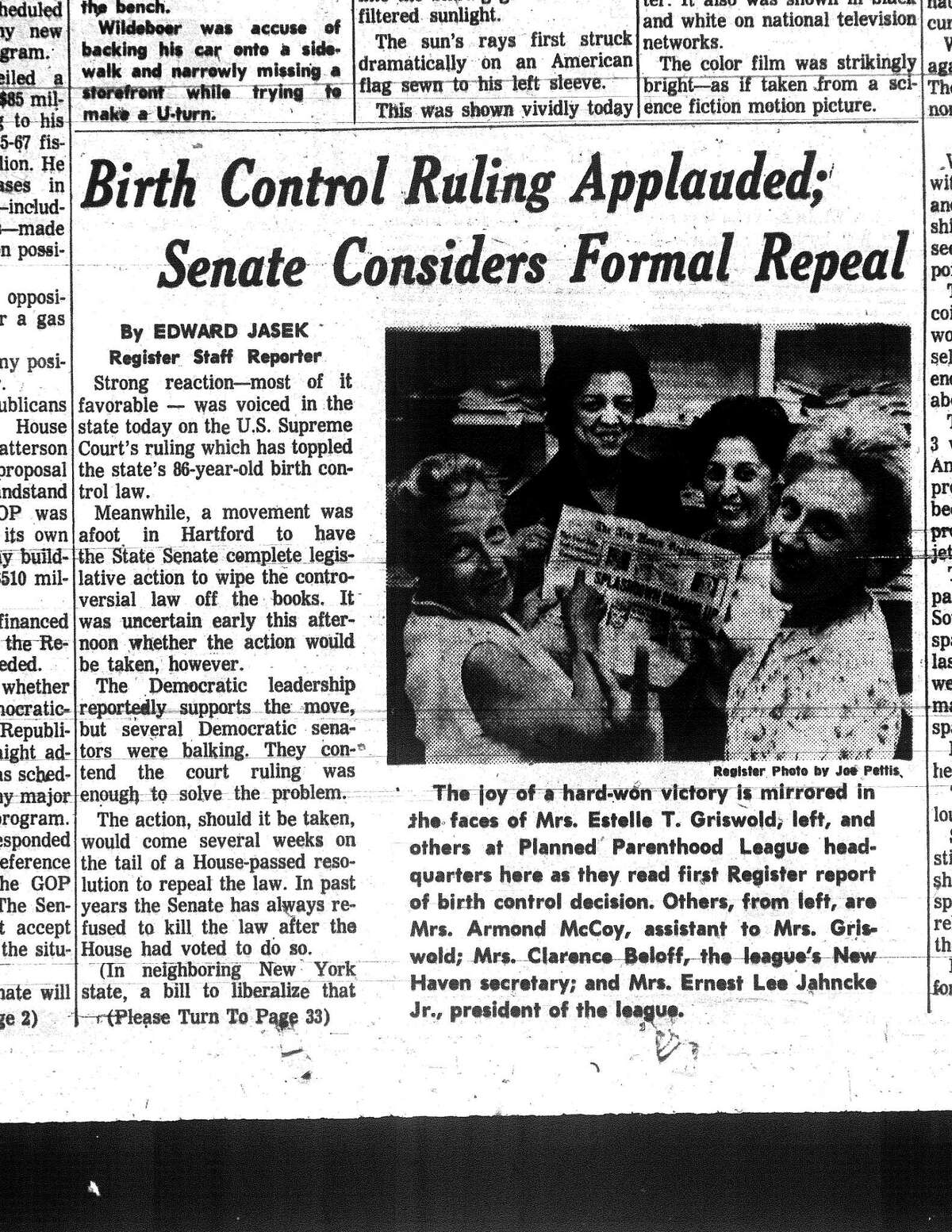 A clipping from the front page of the New Haven Register of June 8, 1965, shows Estelle Griswold (left in foreground) and Cornelia Jahncke (right in foreground), president of the Planned Parenthood League of Connecticut, celebrating the U.S. Supreme Court’s decision of Griswold vs. Connecticut.